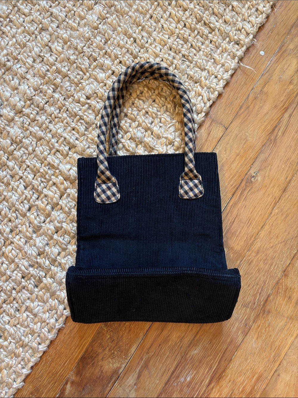 Longaberger Black Corduroy Tote with Brown Plaid Handles - Picture 2 of 7